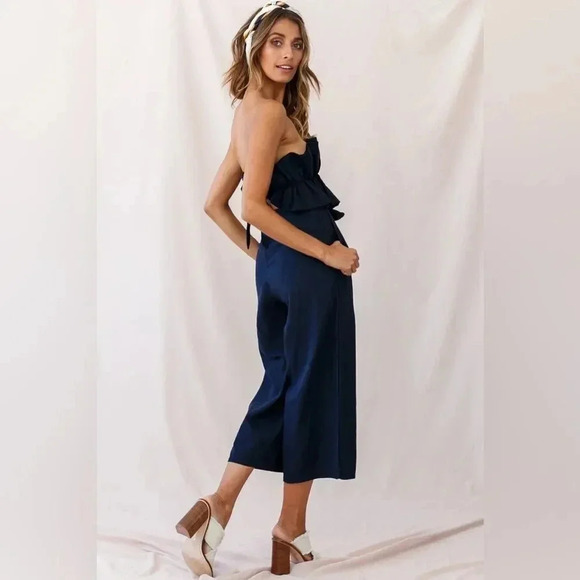 Saints + Secrets Ruffle 100% Linen Strapless Jumpsuit Navy Blue S - Picture 2 of 10